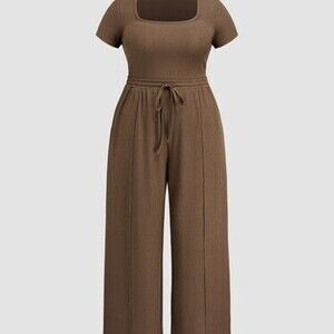U-neckline Bodysuit & Elastic Waist Wide Leg Pants Set Curve & Plus